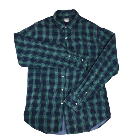 J.Crew Men's Plaid Button-Down Shirt Size L Green Navy 100% Cotton Chambray - Picture 1 of 7
